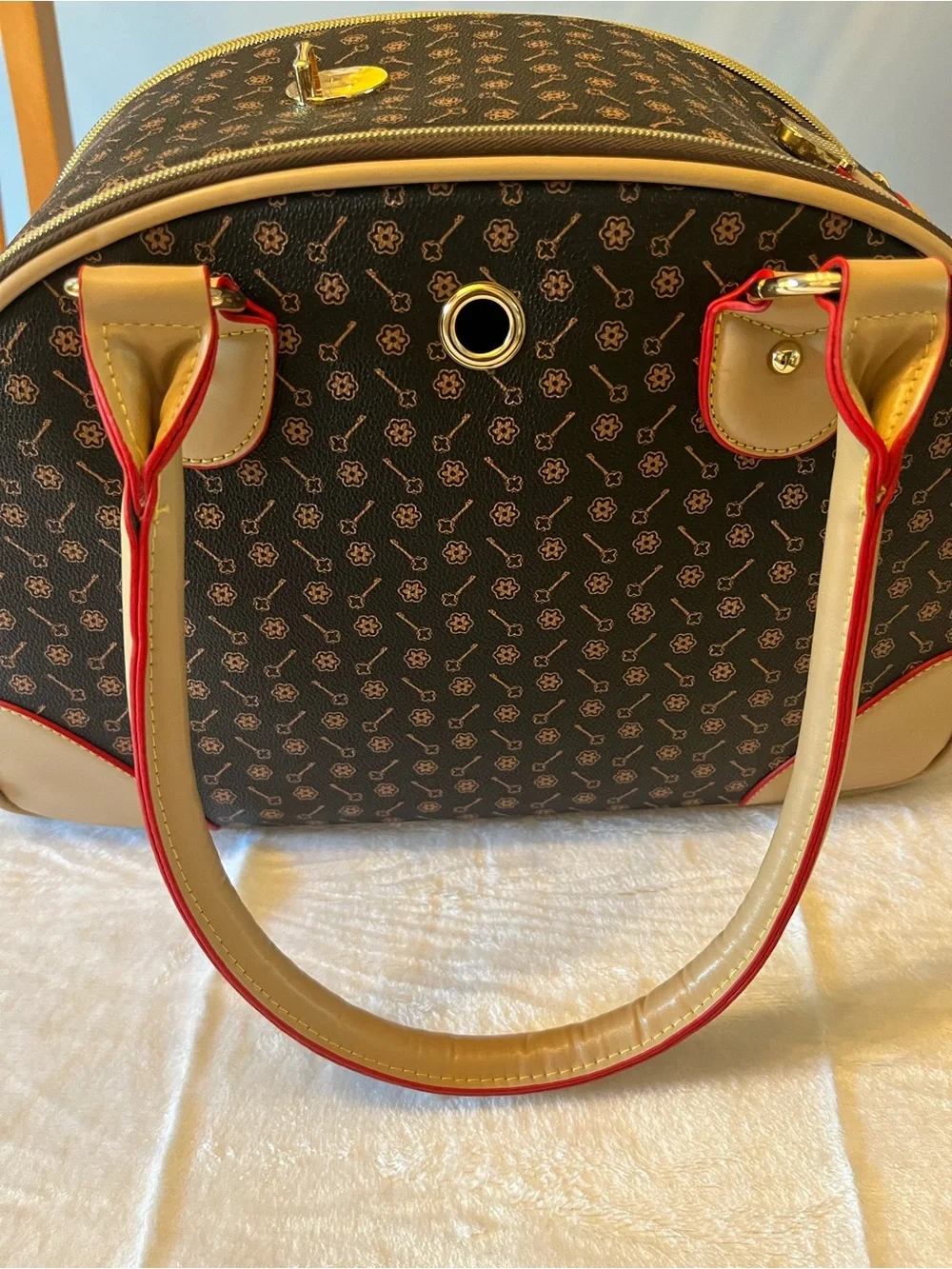 Brand new, never used Brown & Beige Patterned Pet Carrier Tote with Red Trim